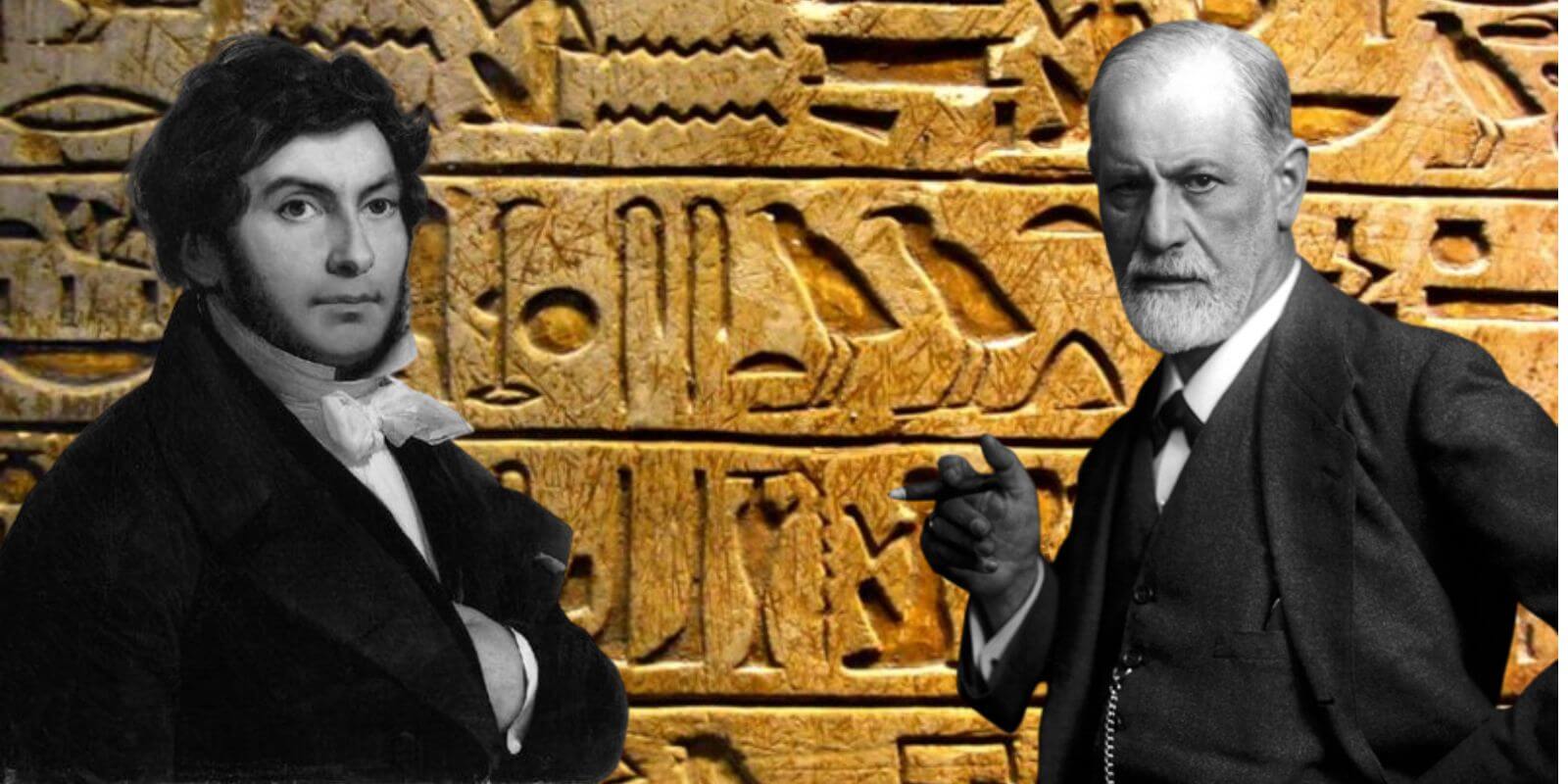 Imagem com Freud e Champollion sobre o pano de fudo com textos em escrita hieroglífica.